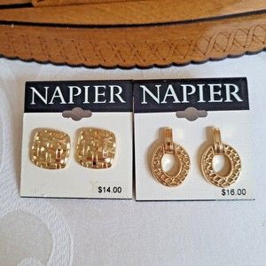 TWO New Napier Gold Tone Post Door Knocker Earrings, Square Woven Gold Earrings